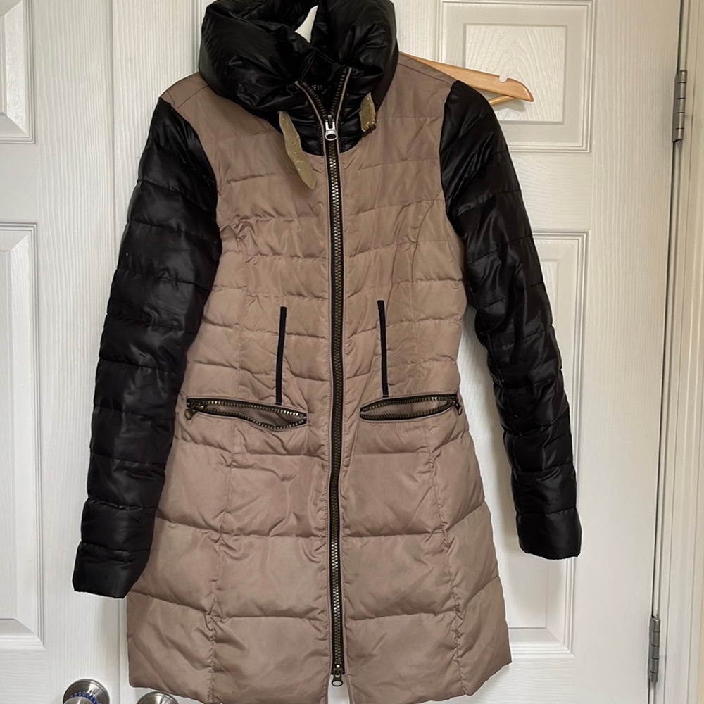 Nine West Two-Tone Beige and Black Quilted Puffer Coat